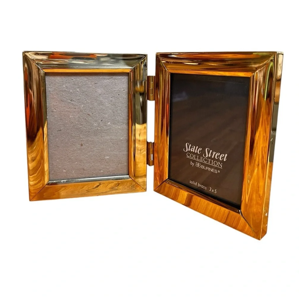 State St. Solid Brass Lacquer Coated Polished Double Photo Hinged Frame 3x5